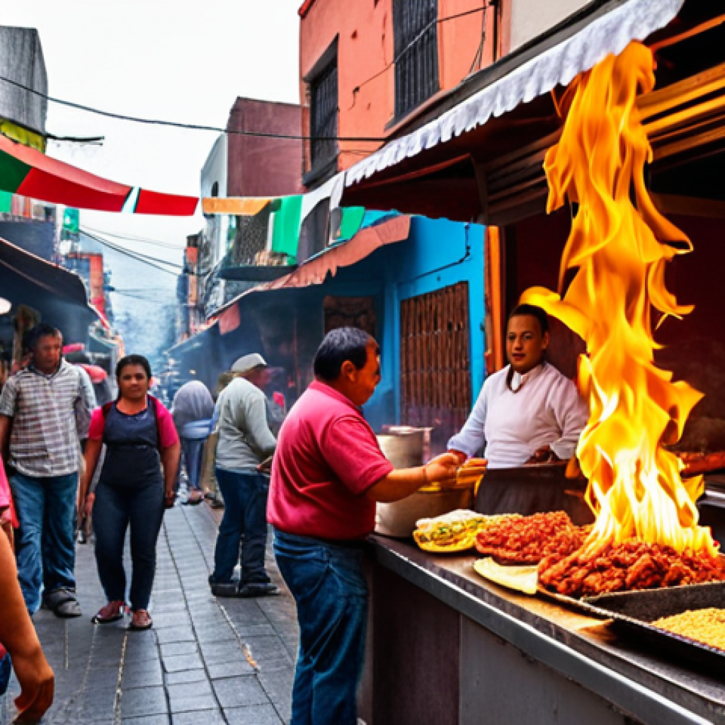 **

A vibrant street scene in Mexico City, focusing on the sensory experience of food. Depict a close-up of "tacos al pastor" being prepared with sizzling meat, aromatic spices, and the lively atmosphere of a street vendor stall. In the background, hint at colorful buildings and bustling people. The overall mood should be warm, inviting, and capture the essence of Mexican culinary culture. The golden light should highlight the richness of the experience.

**
