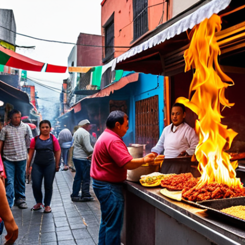 Home 11 **
A vibrant street scene in Mexico City, focusing on the sensory experience of food. Depict a close-up of "tacos al pastor" being prepared with sizzling meat, aromatic spices, and the lively atmosphere of a street vendor stall. In the background, hint at colorful buildings and bustling people. The overall mood should be warm, inviting, and capture the essence of Mexican culinary culture. The golden light should highlight the richness of the experience.
**