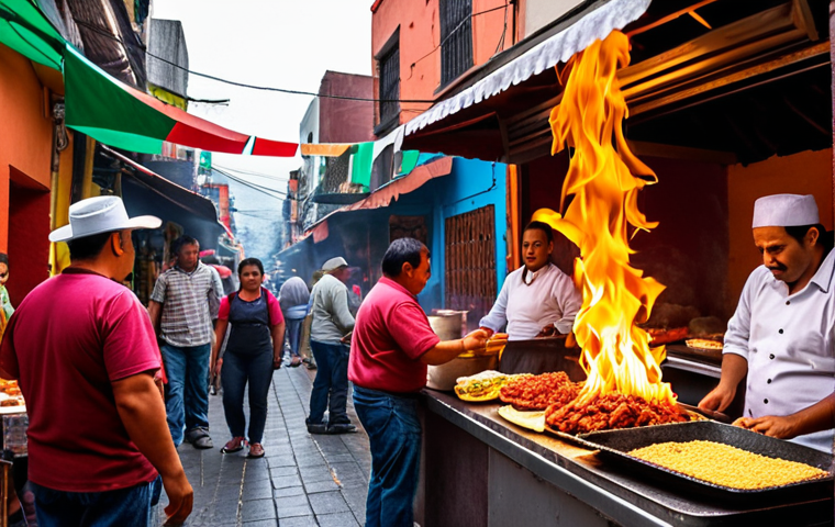 **
A vibrant street scene in Mexico City, focusing on the sensory experience of food. Depict a close-up of "tacos al pastor" being prepared with sizzling meat, aromatic spices, and the lively atmosphere of a street vendor stall. In the background, hint at colorful buildings and bustling people. The overall mood should be warm, inviting, and capture the essence of Mexican culinary culture. The golden light should highlight the richness of the experience.
**