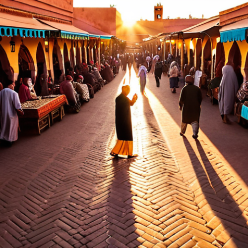 Home 6 Emotionally rich travel photograph. Golden hour in Marrakech's Jemaa el-Fna square, bustling with life. Emphasize warm, evocative lighting, deep shadows, and vibrant sensory details (colors, textures, suggestive movements) that convey sounds and smells. Artistic composition showcasing authentic local interactions and cultural essence, reflecting the photographer's personal emotional connection and unique interpretation of the moment, beyond mere documentation.
