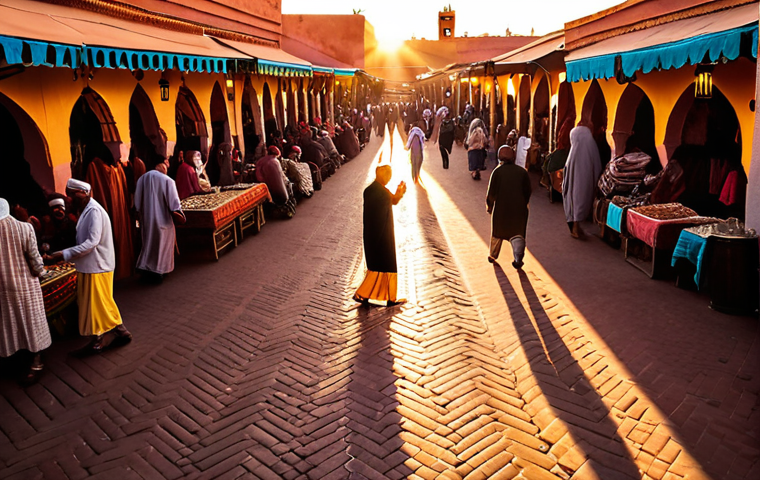 Emotionally rich travel photograph. Golden hour in Marrakech's Jemaa el-Fna square, bustling with life. Emphasize warm, evocative lighting, deep shadows, and vibrant sensory details (colors, textures, suggestive movements) that convey sounds and smells. Artistic composition showcasing authentic local interactions and cultural essence, reflecting the photographer's personal emotional connection and unique interpretation of the moment, beyond mere documentation.