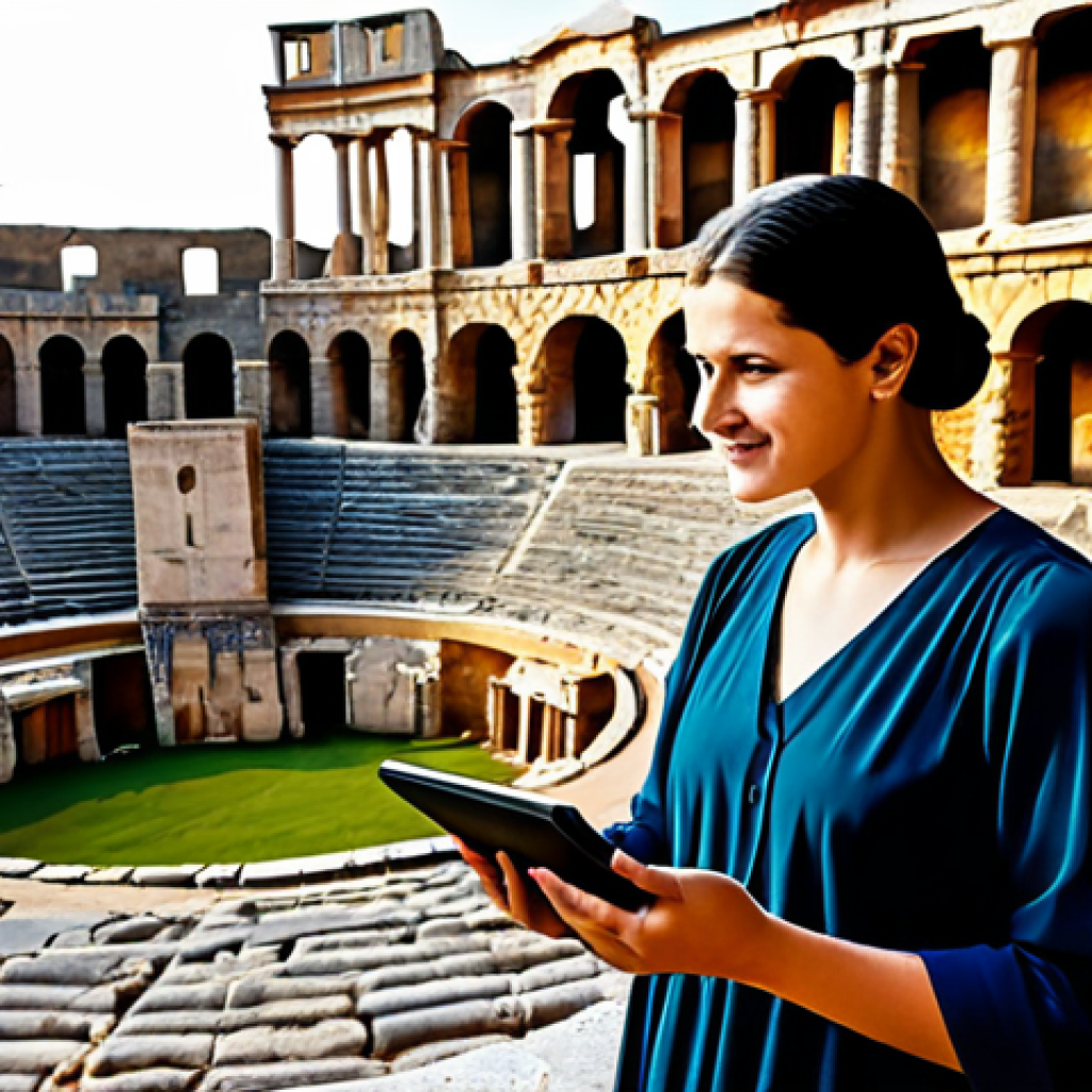 Technology-Enhanced Historical Immersion**
A curious adult traveler, dressed in modest, practical clothing, stands in the ancient ruins of a Roman amphitheater in M&eacute;rida, Spain. They hold a tablet, through which a vibrant augmented reality overlay displays a detailed 3D reconstruction of the structure in its prime, complete with virtual historical figures. The scene is bathed in warm afternoon sunlight, emphasizing the blend of ancient history and modern technology. Professional photography, high detail, perfect anatomy, correct proportions, natural pose, well-formed hands, proper finger count, natural body proportions, fully clothed, appropriate attire, safe for work, appropriate content, family-friendly.

**
