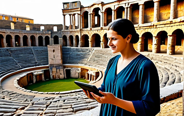 Technology-Enhanced Historical Immersion**
A curious adult traveler, dressed in modest, practical clothing, stands in the ancient ruins of a Roman amphitheater in Mérida, Spain. They hold a tablet, through which a vibrant augmented reality overlay displays a detailed 3D reconstruction of the structure in its prime, complete with virtual historical figures. The scene is bathed in warm afternoon sunlight, emphasizing the blend of ancient history and modern technology. Professional photography, high detail, perfect anatomy, correct proportions, natural pose, well-formed hands, proper finger count, natural body proportions, fully clothed, appropriate attire, safe for work, appropriate content, family-friendly.
**