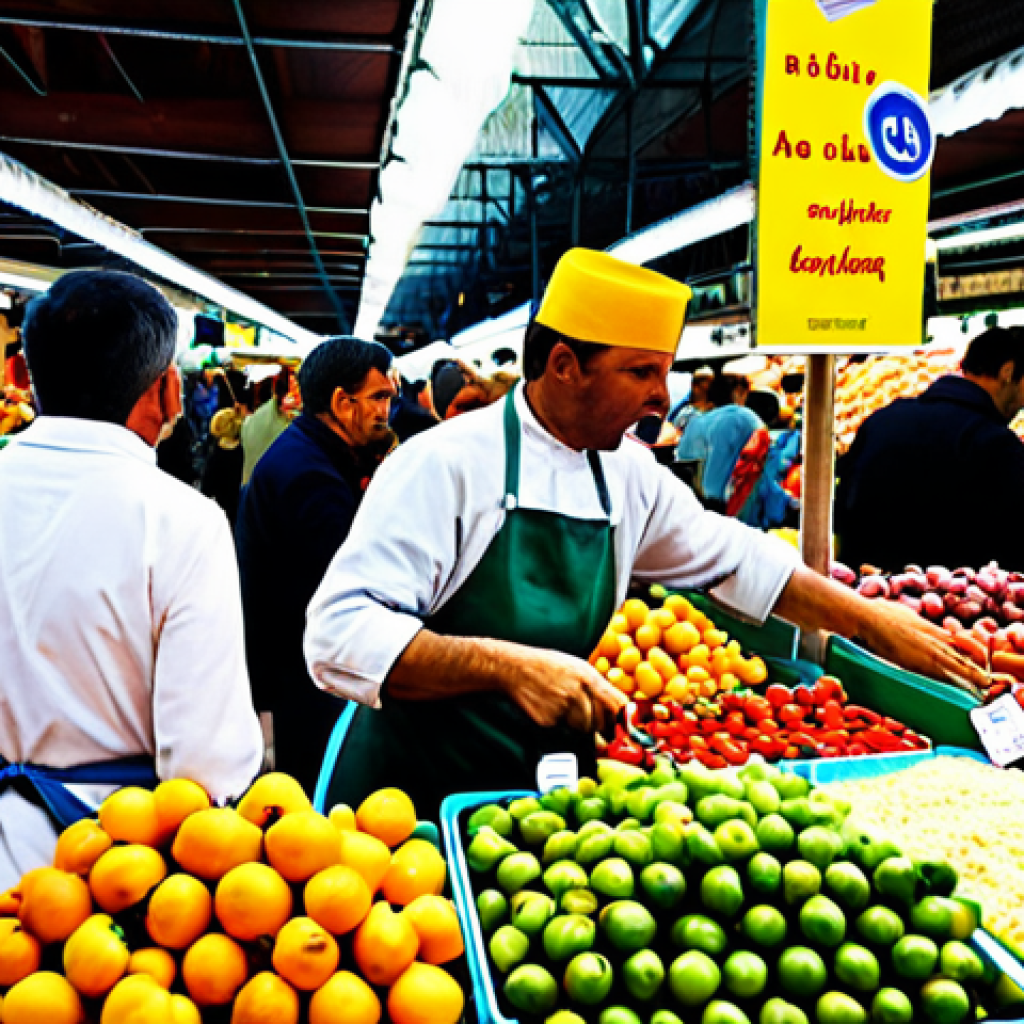La Boqueria Market Scene**
"A vibrant scene inside Barcelona's La Boqueria market, overflowing with colorful fruits, vegetables, and seafood. Professional vendors in aprons stand behind their stalls, interacting with customers. The market is bustling with activity, people are fully clothed in modest clothing. Appropriate attire, safe for work, perfect anatomy, natural proportions, professional photography, high quality, family-friendly."
**