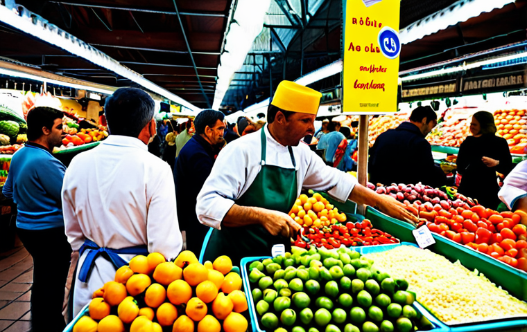 La Boqueria Market Scene**
"A vibrant scene inside Barcelona's La Boqueria market, overflowing with colorful fruits, vegetables, and seafood. Professional vendors in aprons stand behind their stalls, interacting with customers. The market is bustling with activity, people are fully clothed in modest clothing. Appropriate attire, safe for work, perfect anatomy, natural proportions, professional photography, high quality, family-friendly."
**
