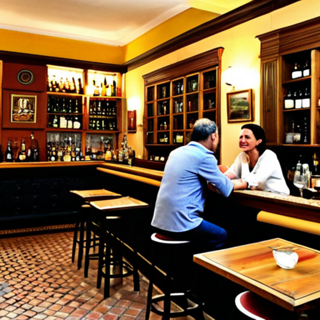 Casa Morales Interior Scene**

"The bustling interior of Casa Morales, a traditional tapas bar in Seville. Patrons are fully clothed and enjoying tapas and drinks at the bar and tables. Walls are adorned with old tiles and stacked wine barrels. Safe for work, appropriate content, fully clothed, professional setting, perfect anatomy, natural proportions, high quality, warm lighting, family-friendly."

**