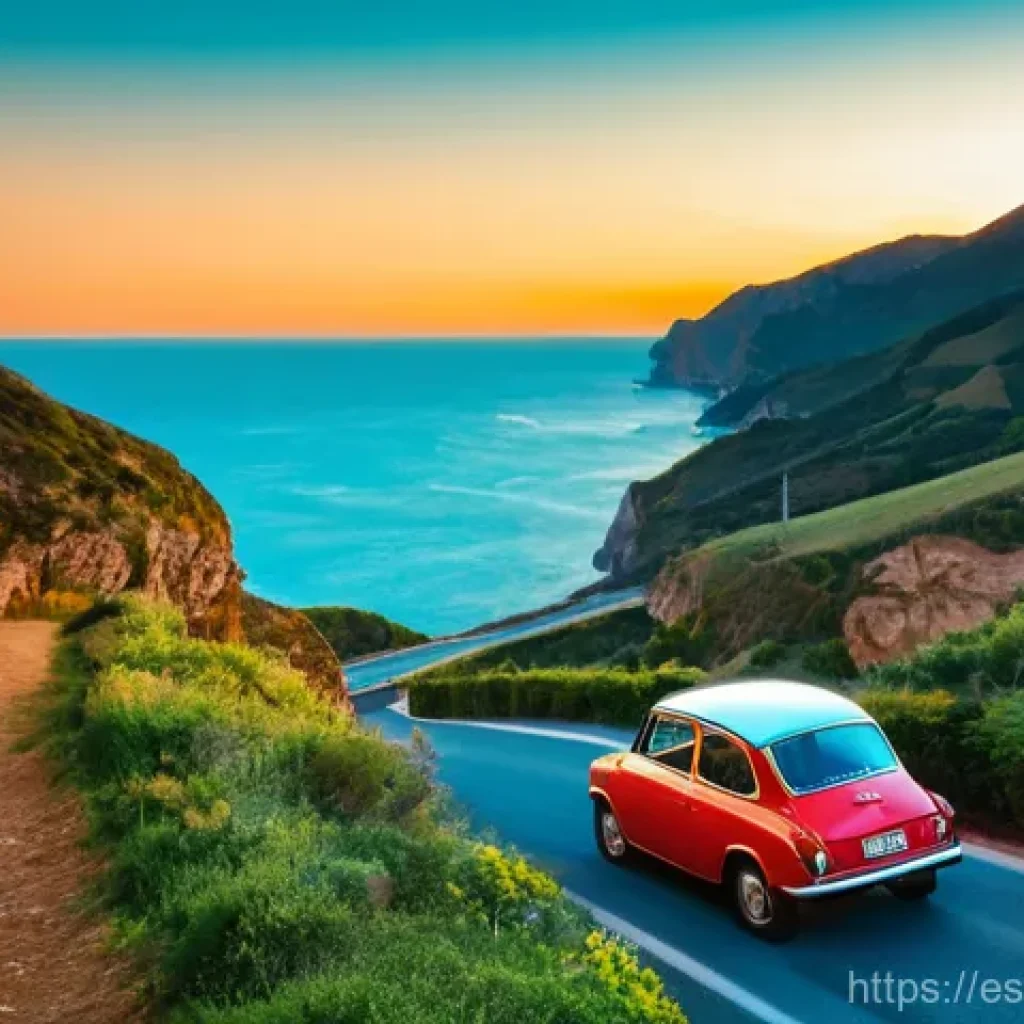 전국 명소 탐방을 위한 로드 트립 계획하기 - **Prompt Title: Cantabrian Coast Road Trip at Sunset**
A wide shot from a slightly elevated pers...
