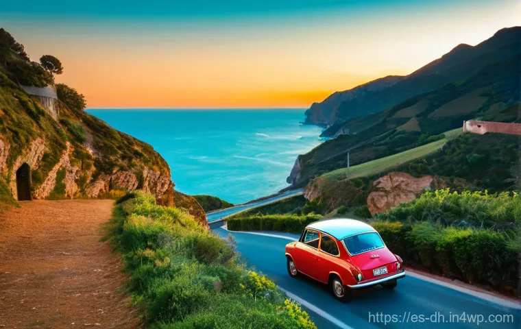 전국 명소 탐방을 위한 로드 트립 계획하기 - **Prompt Title: Cantabrian Coast Road Trip at Sunset**
A wide shot from a slightly elevated pers...