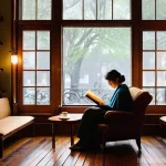 Home 19 비 오는 날에도 즐기는 명소 탐방 아이디어 - **Prompt 1: Cozy Literary Cafe on a Rainy Afternoon**
"An atmospheric, wide-angle interior shot ...