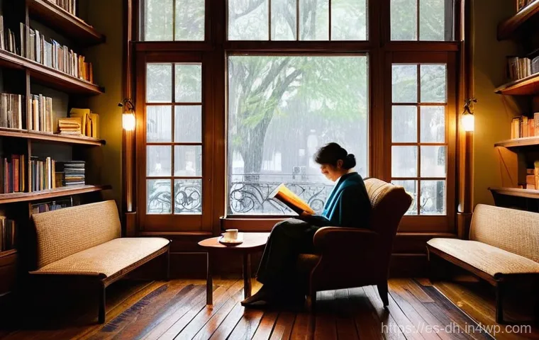 비 오는 날에도 즐기는 명소 탐방 아이디어 - **Prompt 1: Cozy Literary Cafe on a Rainy Afternoon**
"An atmospheric, wide-angle interior shot ...