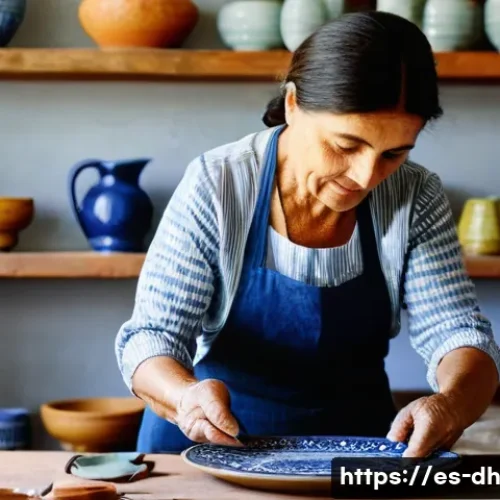 Home 30 여행 중 마주치는 전통 예술 탐방 - **Prompt:** "A seasoned Spanish artisan, a woman in her late 50s, with hands gently textured by year...