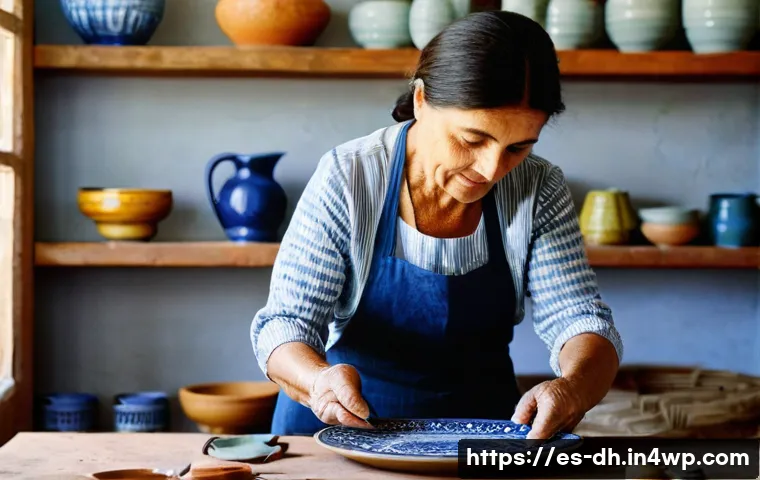 여행 중 마주치는 전통 예술 탐방 - **Prompt:** "A seasoned Spanish artisan, a woman in her late 50s, with hands gently textured by year...