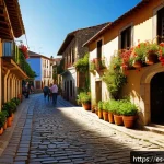 Home 21 명소 탐방을 위한 지역 가이드 활용하기 - A vibrant street scene in a small, traditional Spanish village in Asturias during late afternoon, fe...